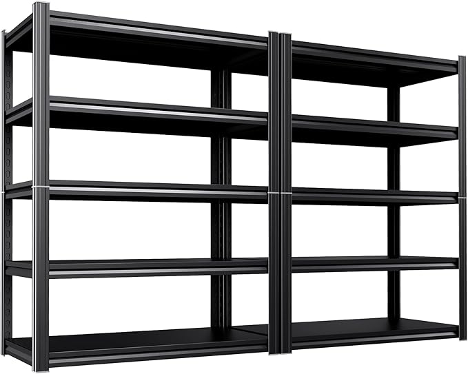2Pack 46" W Heavy Duty Garage Shelving - 5 Tier Metal Storage Shelves (2500 LBS Total Capacity), Adjustable Steel Utility Rack for Pantry, Warehouse, Basement, Shop - 71.2" Hx46 W x 20" D,Black