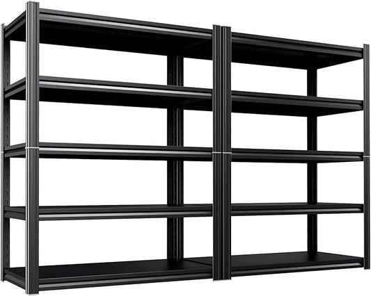 2Pack 46" W Heavy Duty Garage Shelving - 5 Tier Metal Storage Shelves (2500 LBS Total Capacity), Adjustable Steel Utility Rack for Pantry, Warehouse, Basement, Shop - 71.2" Hx46 W x 20" D,Black