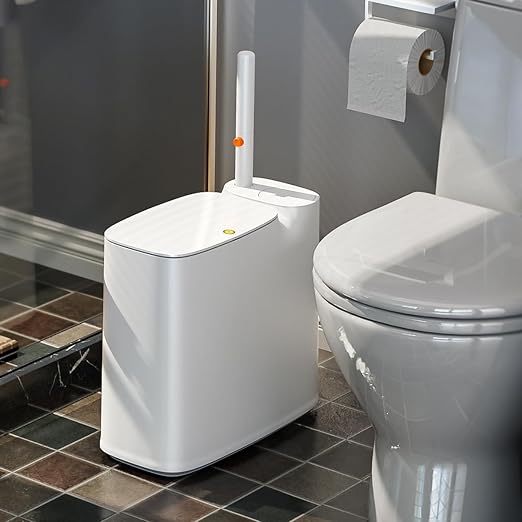 CTIME Bathroom Trash Can Set - Narrow White Plastic Small Trash can, a Toilet Wand, Toilet Brush Holder and 36 Refills, 2 Gallon Trash can with pop-up lid, Suitable for bathrooms and Small Toilets.