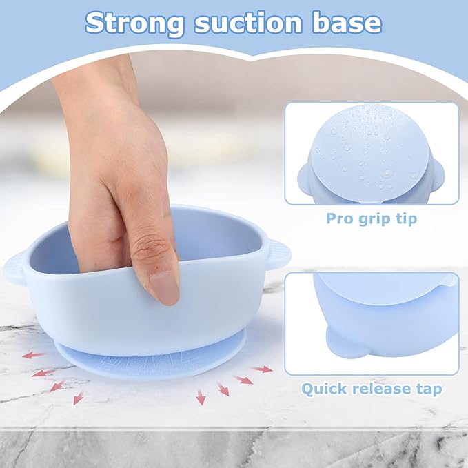 2 Pack Stainless Steel Baby Bowls with Removable Non-Slip Silicone Suction Shell and Lids, Anti Scald Food Container for Baby Food Feeding-Skyblue & Gray