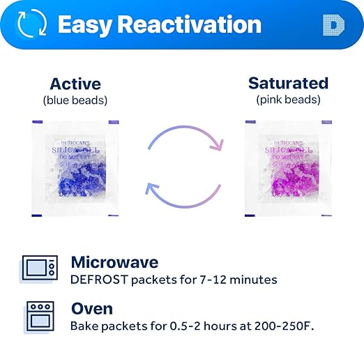 Dry & Dry 1 Gram [100 Packets] Blue Indicating(Blue to Pink) Silica Gel Packets Desiccants Silica Gel Packets - Rechargeable Silica Packets, Silica Gel, Silica Gel Packs