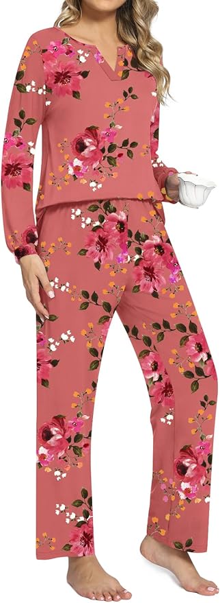 Anyally Women's Plus Size Pajama Sets Ladies Fall Pjs 2 Pieces Lounge Outfits V Neck Long Sleeves Sleepwear with Pockets