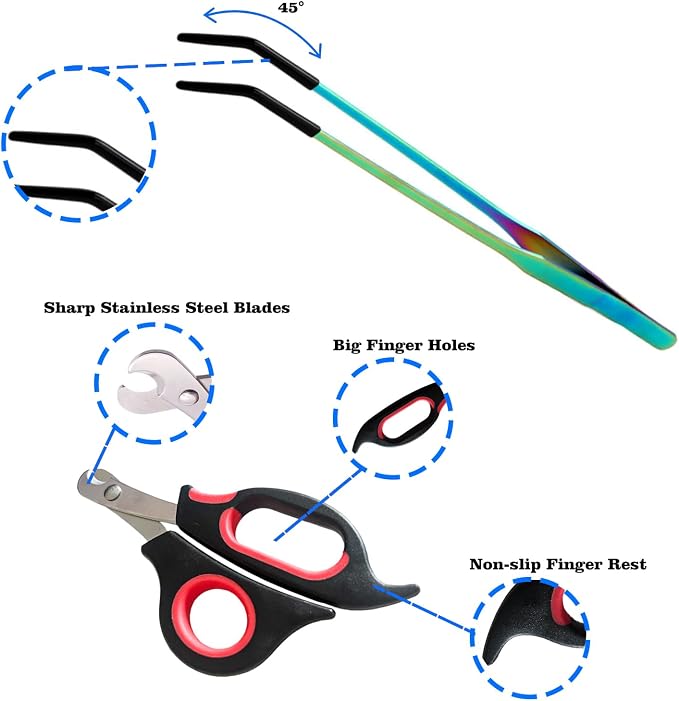 2-Pack Professional Reptile Nail Clippers&Stainless Steel Reptile Feeding Tongs Suitable for Small Animals Such as Cats, Birds, Hamsters, Rabbits, Hedgehogs, Ferrets, Chinchillas, Guinea Pigs，Etc