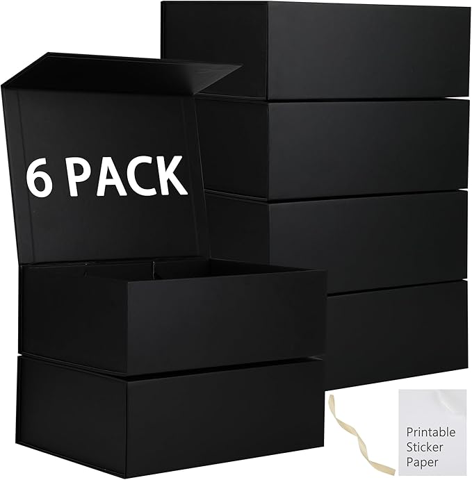 MUMUPACK 6 Pack Black Gift Boxes With Lids,12x8x4.5 Inch Bridesmaid Proposal Box And Printable Stickers,Proposal Boxes With Ribbon For Wedding, Packaging, Present, Birthday