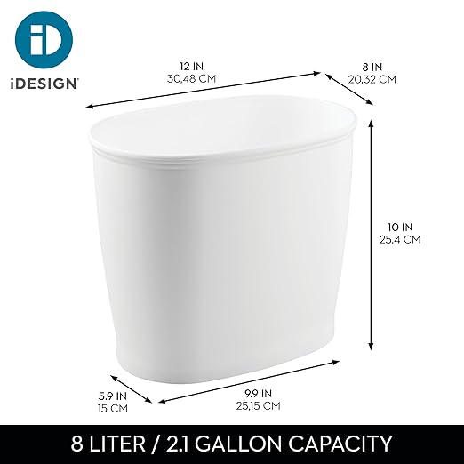 iDesign Slim Plastic Bathroom Trash Can, Small Garbage Bin for Bedroom, Office, Desk, Dorm, 2-Pack, White