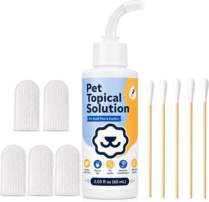 Rabbit Ear & Skin Care Solution with Soft Applicator, 2.03 fl oz | Oat & honey formula with finger wipes and cotton swabs for rabbits, guinea pigs, hamsters & chinchillas