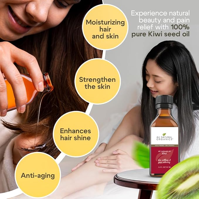 Au Natural Organics Kiwi Seed Oil for Face, Skin, Hair, Scalp, Lip & Nails Care | Cold Pressed Skin Moisturizer Oil, Reduce Wrinkles, Large Pores, Acne, Dark Spots & Other Skin Blemishes 3.4 oz
