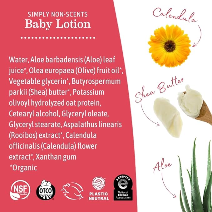 Earth Mama Simply Non-Scents Baby Lotion for Dry Skin, Calendula Cream, Skin Care for Kids, Organic Moisturizer, Unscented Lotion with Aloe, Rooibos, & Shea Butter, 8-Fl oz (2-Pk)