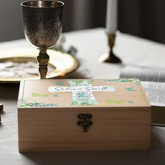Personalized Pine/Walnut Keepsakes Baptism Gifts Wooden Box, First Communion Gifts for Boys/Girls, Personalized Wood Storage Engraved Keepsake Box for Baptism