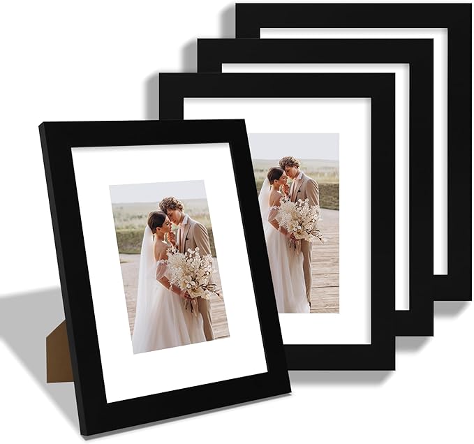 8x10 Picture Frame Set of 4, Made of Real Glass and Black Wooden Frame, 8 by 10 Photo for Wall or Tabletop - Display Picture 5x7 with Mat or 8x10 Without Mat
