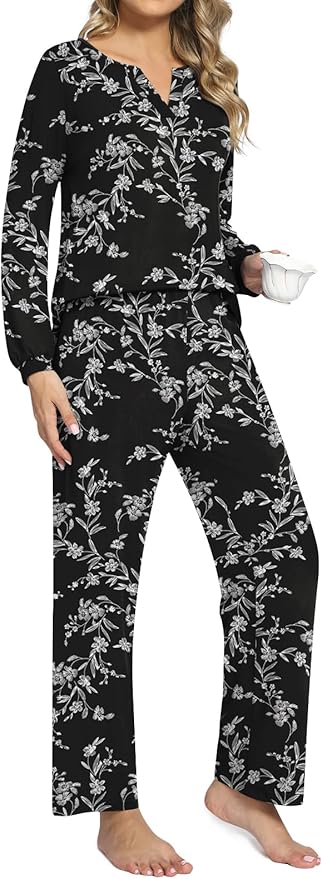 Anyally Women's Plus Size Pajama Sets Ladies Fall Pjs 2 Pieces Lounge Outfits V Neck Long Sleeves Sleepwear with Pockets