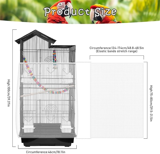Bird Cage Seed Catcher – Stretchy Mesh Skirt for Parrot Cages, White | Fits most bird cages, stops seed scatter. Breathable, lightweight, reusable. Easy install, washable. Keeps floor clean.