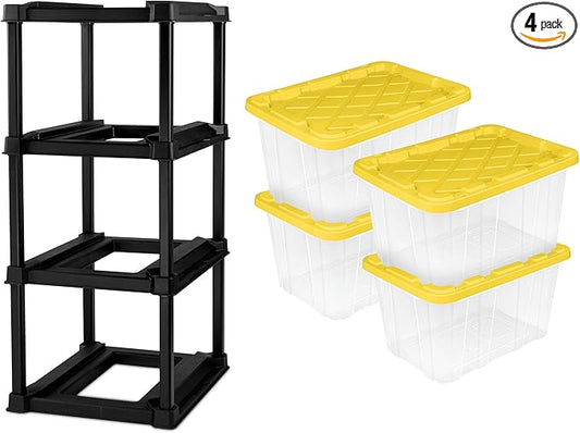 Sterilite 4 Tier Tote Rack, Vertical Plastic Organizer with 4 Pack 27 Gallon Industrial Storage Totes, Clear - for Garages, Workshops, or Basements