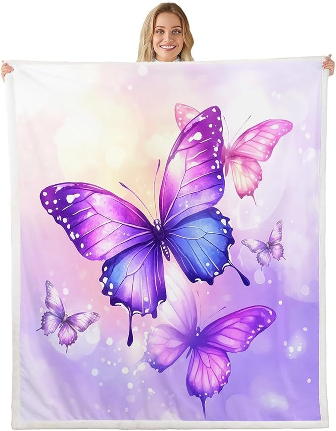 Feelyou Girls Fleece Throw Blanket Queen 90"x90" Kids Purple Butterfly Sherpa Blanket Plush Fuzzy for Bed Couch Chair Living Room, Floral Flower Bed Blanket Cute Watercolor Room Decor