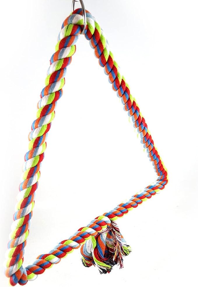 Spoiled Pet® Large Bird Rope Perch Triangle Swing Toy Multicolor 12 Inch | Natural cotton & steel rod cage accessory for Parrots Cockatoos, Safe to climb, chew, relieve boredom, with metal quick link