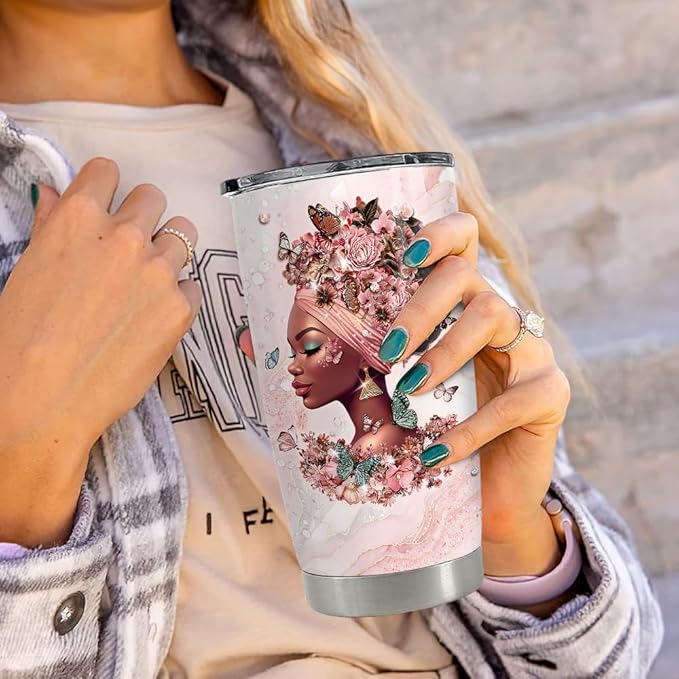 Black Woman Tumbler 20oz Stainless Steel Insulated Coffee Travel Mug Cup for Women Girls Gifts for Birthday Christmas
