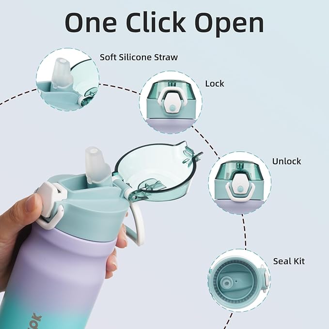 BJPKPK 14oz Insulated Water Bottle with Straw Stainless Steel Double Wall Water Bottles BPA Free Leak Proof Thermal Flask with Lockable Flip Lid,Lavender Green