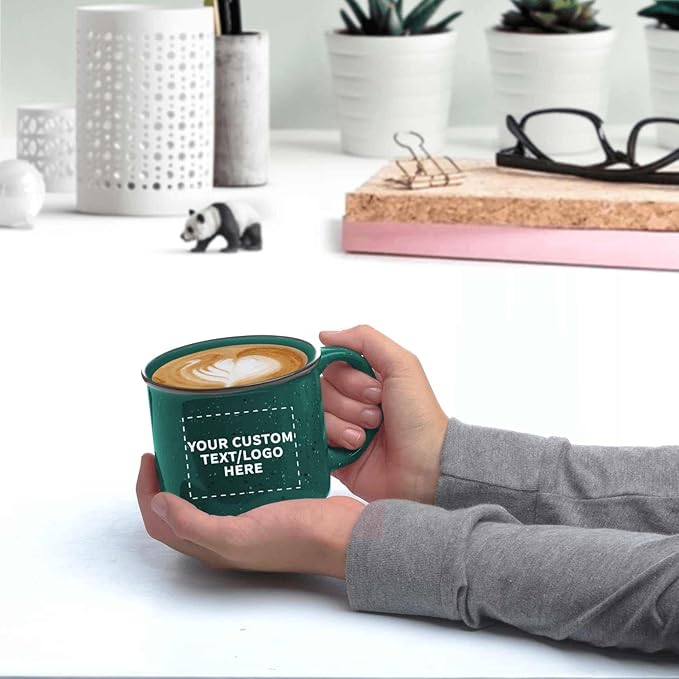 DISCOUNT PROMOS Custom Ceramic Campfire Coffee Mugs 13 oz. Set of 100, Personalized Bulk Pack - Perfect for Tea, Espresso, Cappuccino, Hot Cocoa - Green