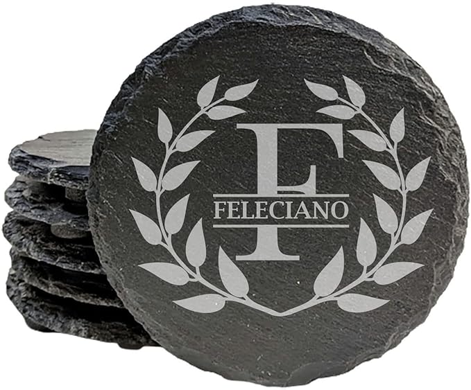 ustic Elegance: Personalized Slate Coasters with Wreath Design - Round Slate - Set of 4