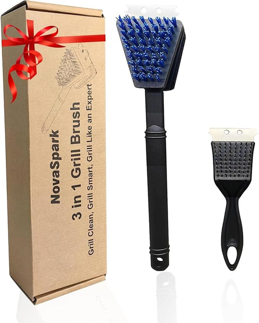 Nylon Grill Brush Cleaning Kit, No Wire Bristle BBQ Brush with Scraper, Safe Barbecue Cleaning Kit for Gas Charcoal Grill Grates, Heat Resistant Outdoor Grill Cleaner, Gift for Men Dad 2-Piece Set