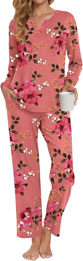 Anyally Women's Plus Size Pajama Sets Ladies Fall Pjs 2 Pieces Lounge Outfits V Neck Long Sleeves Sleepwear with Pockets