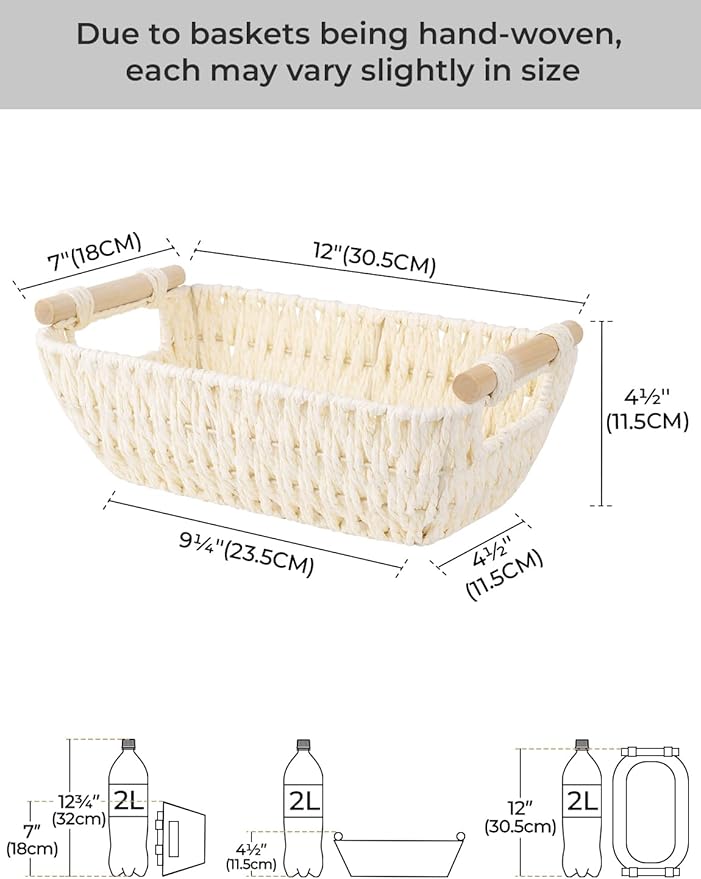 StorageWorks Round Paper Rope Woven Basket with Wooden Handles for Gifts, Small Wicker Baskets for Bathroom, Beige, 2-Pack