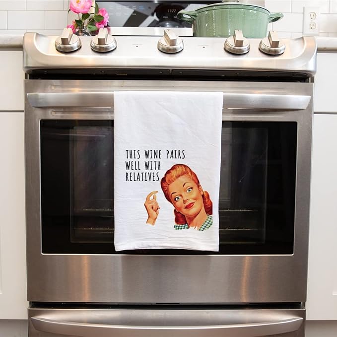 Andaz Press Funny Retro Kitchen Towel, Flour Sack Tea Towel, This Wine Pairs Well with Relatives, Kitchen Gifts for Mom, Women Daughter, Birthday Housewarming Gifts, Host, Kitchen Decor, Hand Towel