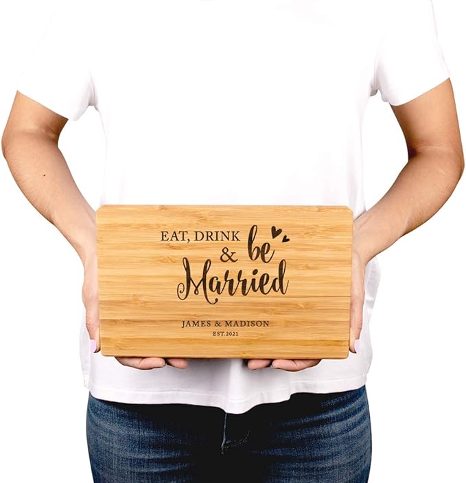 Andaz Press Personalized Laser Engraved Small Bamboo Wood Cutting Board, 9.5 x 6-inch, Eat Drink and Be Married Bride Groom Names Date, Custom Wedding Bridal Shower Birthday Gift Ideas