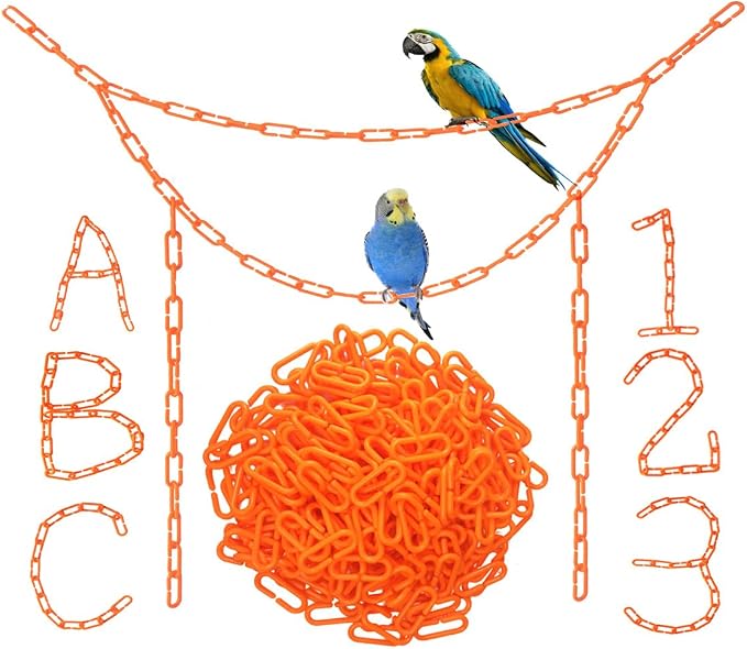 200Pcs Orange C-Clips Plastic Chain Links for Birds & Small Pets | Non-Toxic Safe & Durable. Chew-Resistant For Indoor/Outdoor. C-Clip Snaps Together Easily. Plastic Chain Toy For Small Pets