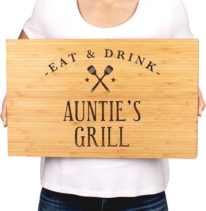 Andaz Press Large Bamboo Wood BBQ Cutting Board Gift, 17.75 x 11-inch, Auntie's Grill, 1-Pack, Laser Engraved Serving Chopping Board Christmas Birthday Chef Kitchen Ideas