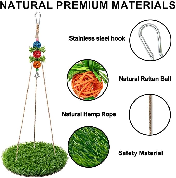 Bird Toys Bird Swing with Grass Platform Wooden Perch Stand Adjustable Rope and Rattan Chew Balls Large Bird Playground for Parakeets Cockatiels Conures Cage Accessories