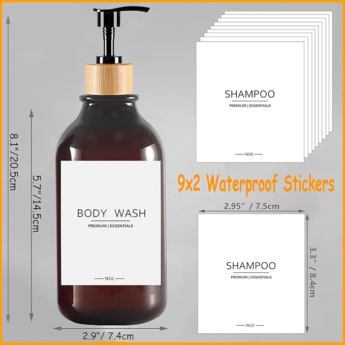 Shower Shampoo and Conditioner Bottles, Apothecary Dispenser Bamboo Pump, Refillable Bottles for Lotion Oil Hand Soap and Dish Soap, Plastic Set (3 Bottles 9 Labels) (6, Amber)