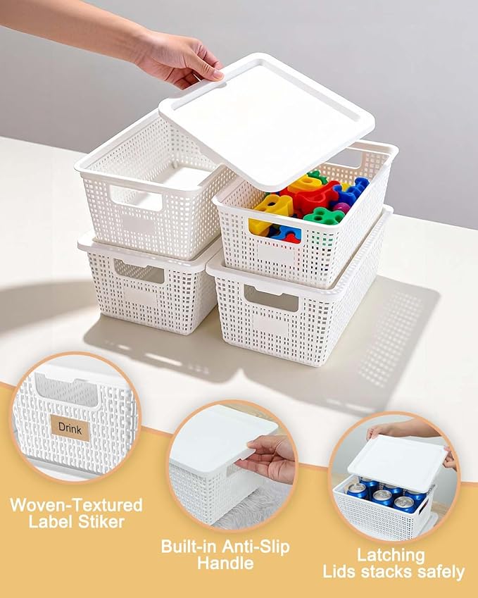 Plastic Storage Baskets with Lids [6-Pack] – Stackable Organizing Bins with Secure Snap-On Lids for Pantry, Bathroom & Closet | 11"x7"x5" Bins Hold 25lbs, Dustproof & Water-Resistant, White