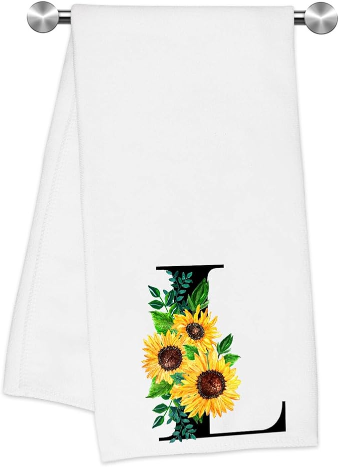 Monogrammed Sunflower Hand Towels,Ini-tial L Tea Towel Letter Kitchen Towels,Sunflower Gifts for Women,Monogram Dish Towel 17x23 Inch,Kitchen Bathroom Decorative Ini-tial Gifts for Mom Wife