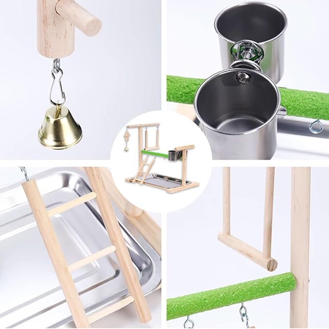 Bird Playground, Natural Wood Bird Perch Stand with Removable Tray and 2 Stainless Steel Feeder Cups, Parrot Playstand Bird Cage Toys for Conure Parakeet Cockatiel Parrot (C)