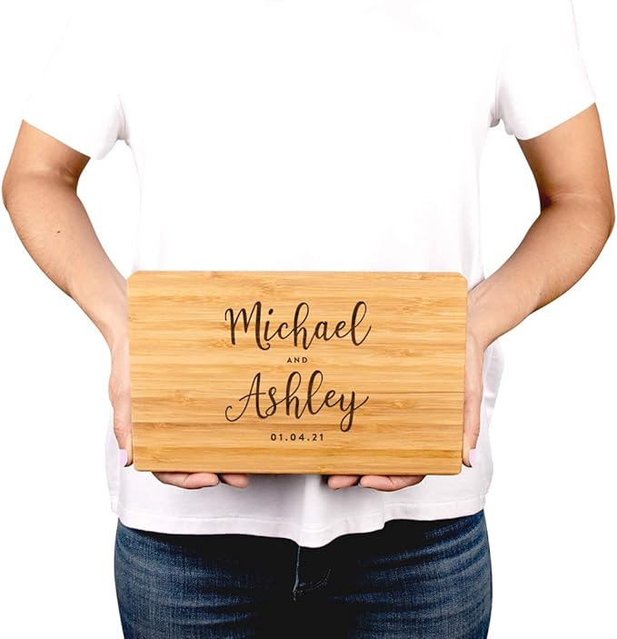 Andaz Press Personalized Laser Engraved Small Bamboo Wood Cutting Board, 9.5 x 6-inch, Bride and Groom Script Names and Date, Custom