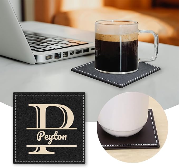 Custom Name Coasters, Personalized Monogram Split Letter PU Leather Coaster, Customize Non-Slip Heat Resistant Waterproof Reusable for Coffee Table Bar Beer Wine Cup Housewarming Home Wedding Party
