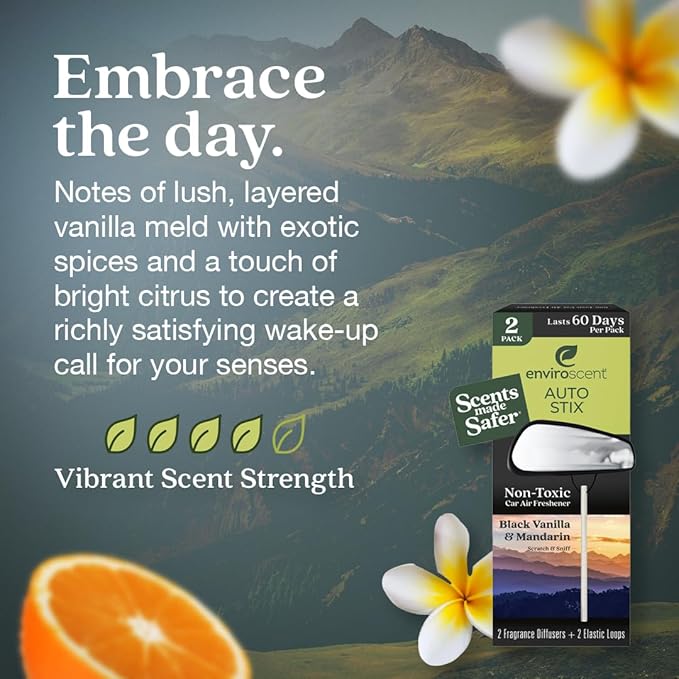 Enviroscent Non-Toxic Car Air Freshener (Black Vanilla & Mandarin) Natural Car Air Freshener | Essential Oil Diffuser | Car Scent Lasting Over 180 Days | 3 Packs of 2 Hanging Auto Stix