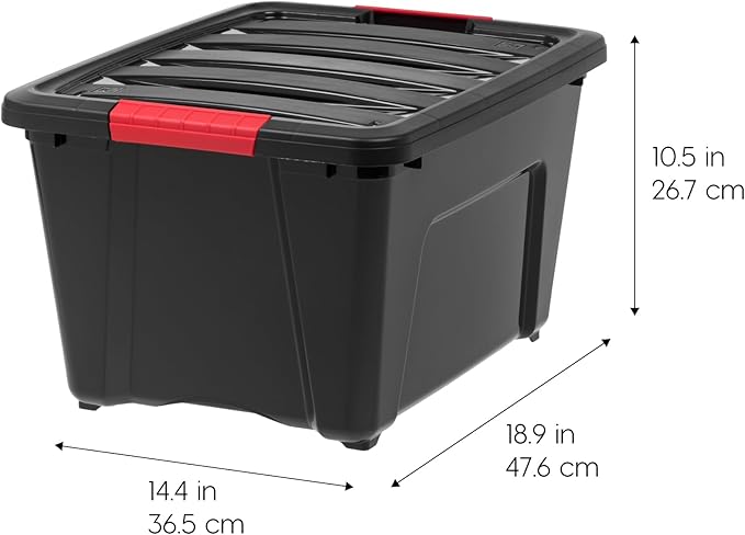 IRIS USA 32 Qt Stackable Plastic Storage Bins with Lids, 6 Pack - BPA-Free, Made in USA - Garage Organizing Solution, Latches, Durable Nestable Containers, Secure Pull Handle - Black