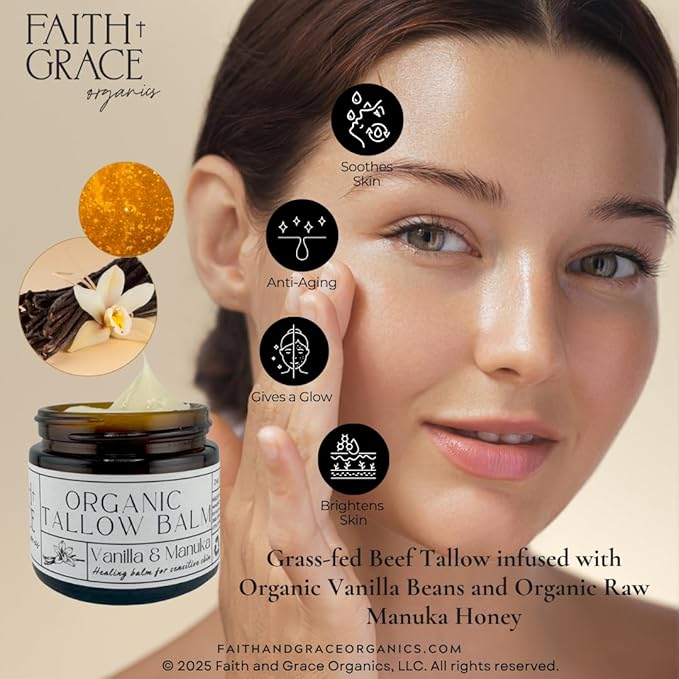 Faith and Grace Organics, Organic Tallow Balm, Vanilla and Manuka Honey, All-purpose Moisturizer, Safe for sensitive skin, Healing balm, 2 oz glass jar