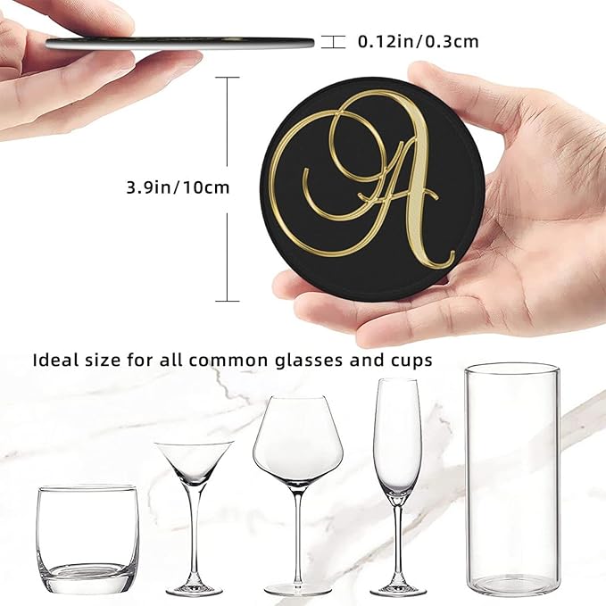 Famame 6 Pcs Shiny Letter A Gold Print Leather Coasters for Drinks with Holder Coaster Sets Drink Table Cup Coasters for Living Room Kitchen Coffee Decor