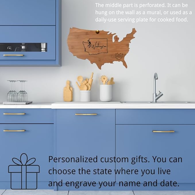 Personalized state-shaped and named date platters, carved wooden cutting boards, custom cheese boards as Mother's Day, wedding, housewarming gifts (Nan bamboo American shape 18x12x0.6in)