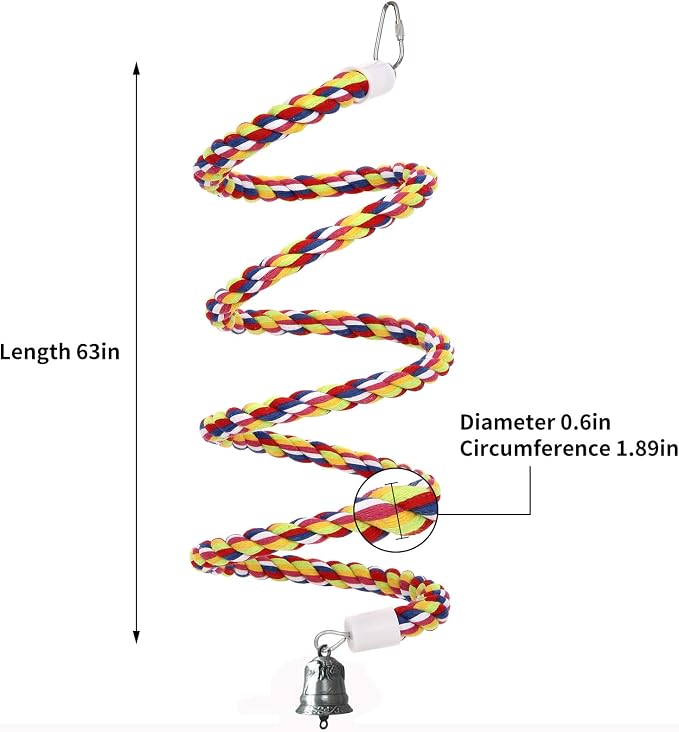 63'' Bird Rope Perches Birdcage Swing Toys 100% Cotton Natural Bird Perch Peck/Chewing with Vintage Bell Climbing Standing Bungee Parrot Toys for Small to Regular Size Parrot Cockatiel Birds