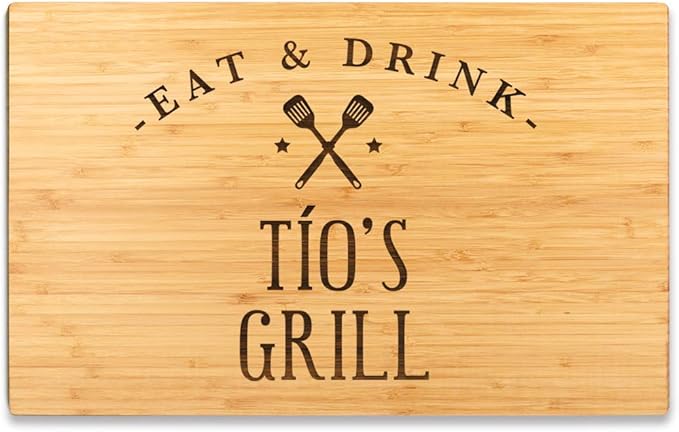 Andaz Press Large Bamboo Wood BBQ Cutting Board Gift, 17.75 x 11-inch, Tío's Grill, 1-Pack, Laser Engraved Serving Chopping Board Christmas Birthday Chef Kitchen Ideas