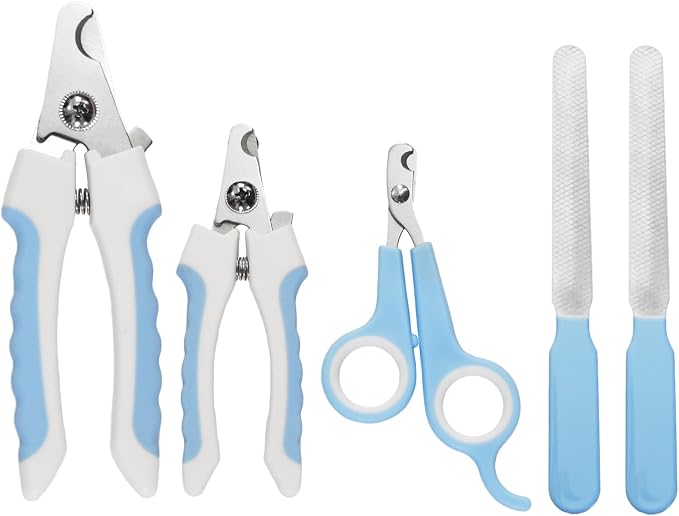 5Pcs Dogs and Cats Grooming Nail Clippers Kit Pet Claws Nail Clipper Trimmers, with Protective Guard Lock to Avoid Over Cutting, Professional Trimmers for Large and Small Cat and Dog (Blue)