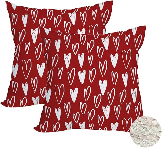 Fukeen 2 Pack Waterproof Outdoor Valentines Day Pillow Covers 18x18 Inch White Red Love Heart Holiday Throw Pillow Cases Romantic Valentine Farmhouse Decorations Cushion Cover Double Sided