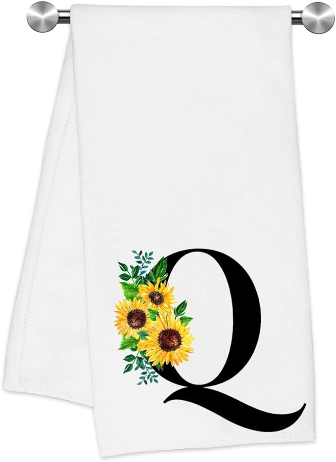 Monogrammed Sunflower Hand Towels,Ini-tial Q Tea Towel Letter Kitchen Towels,Sunflower Gifts for Women,Monogram Dish Towel 17x23 Inch,Kitchen Bathroom Decorative Ini-tial Gifts for Mom Wife