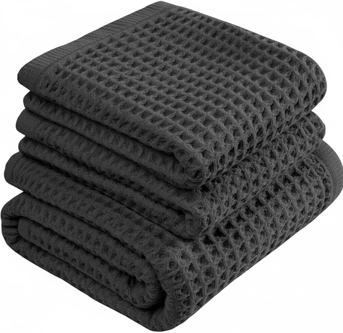 DEMMEX Organic Cotton Waffle Weave Turkish Towel Set for Bathroom, 100% Oeko-TEX Certified Super Soft Turkish Cotton, Lightweight & Quick Dry, 1 Bath & 2 Large Hand Towels, 30x60/20x30 in., Charcoal
