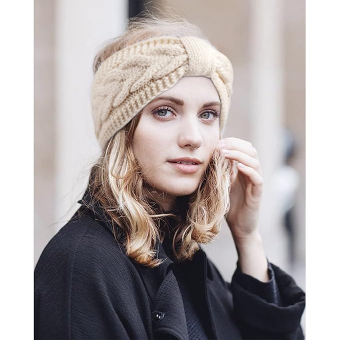 AQOKKA Knit Winter Headbands for Women Fuzzy Wool Fleece Lined Ear Warmers Elastic Turban Crocheted Head Wrap Winter Accessories for Women Cold Weather