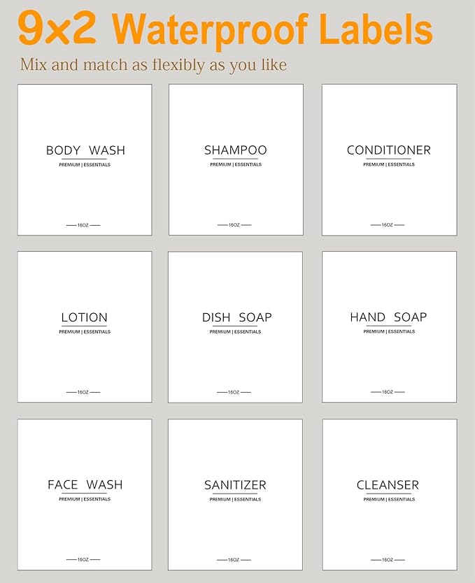Frosted Plastic Shampoo and Conditioner Bottles, Apothecary Dispenser Bamboo Pump, Refillable Bottles for Shower Lotion, Oil, Hand Soap, Sanitizer, Liquid Soap, Set of 3 with 9 Labels (6, Matte Amber)